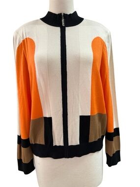 St John Zip Up Lightweight Knit Cardigan Sweater White Black Orange Brown Wool L